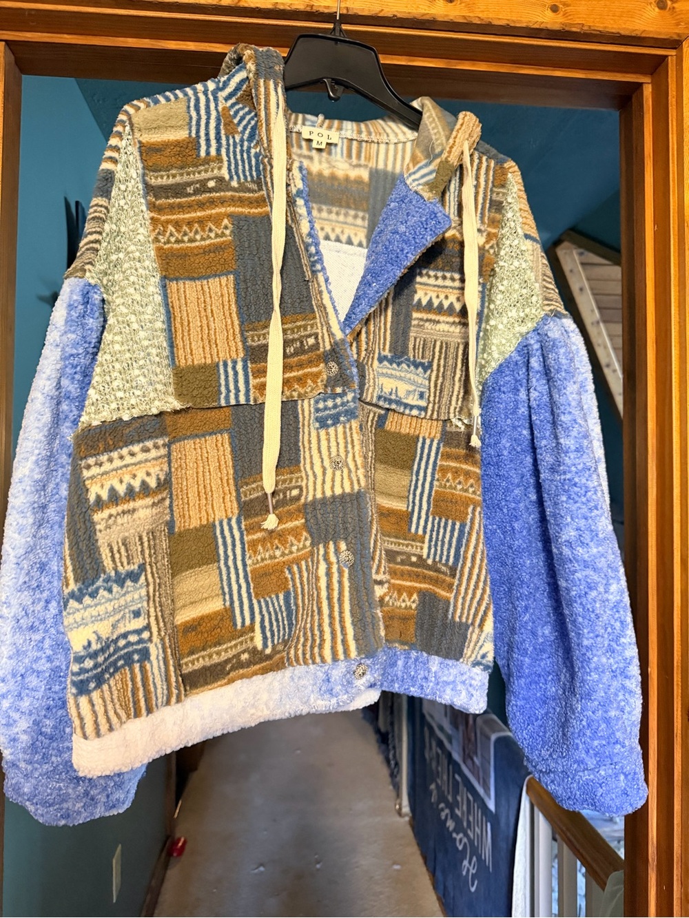POL Patchwork Hooded Sherpa Jacket in Blue, Tan, Cream